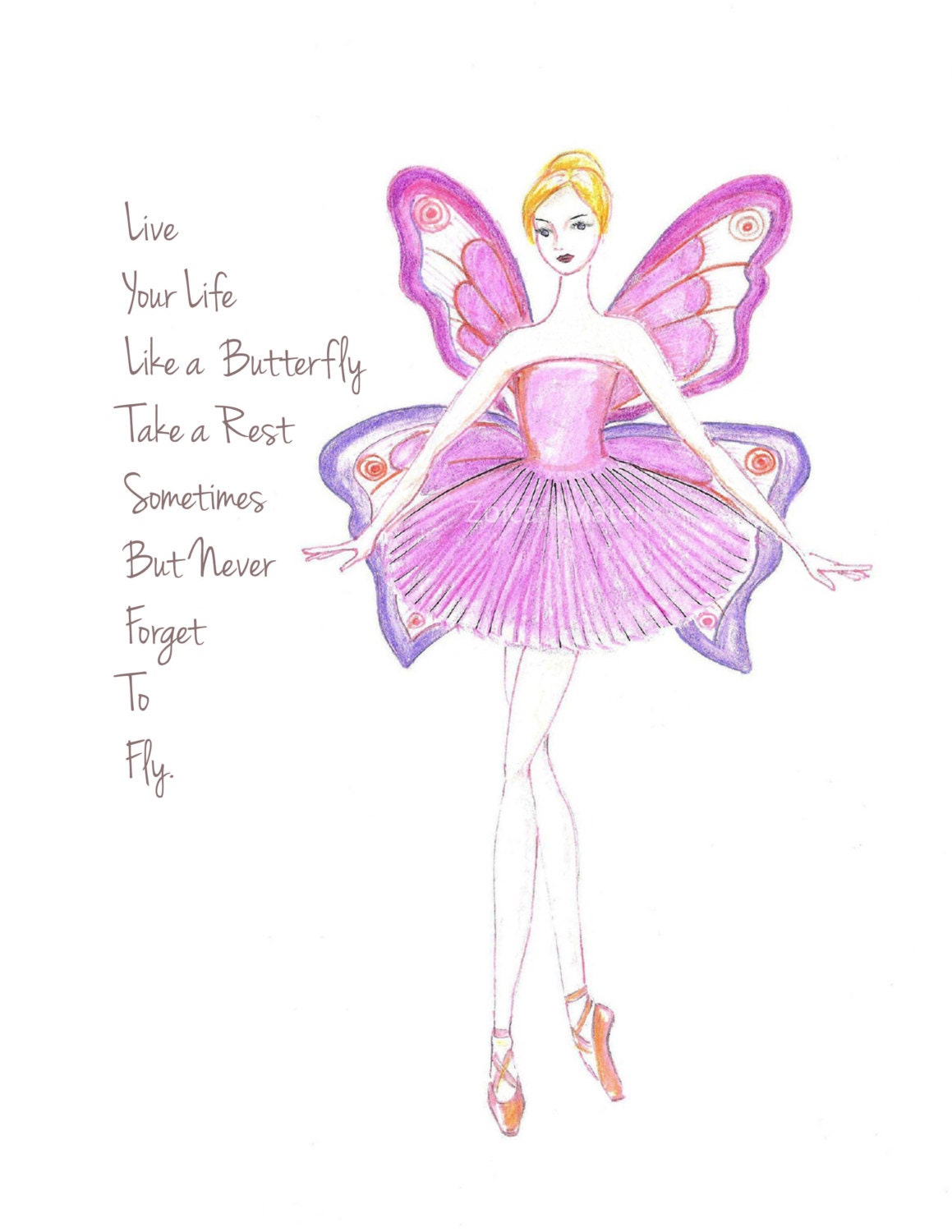 Pink ballerina Illustration Print- Girls Room Decor-Inspirational Print-Live Your LIfe Like a Buttefly- Pink Bedroom - Zoia
