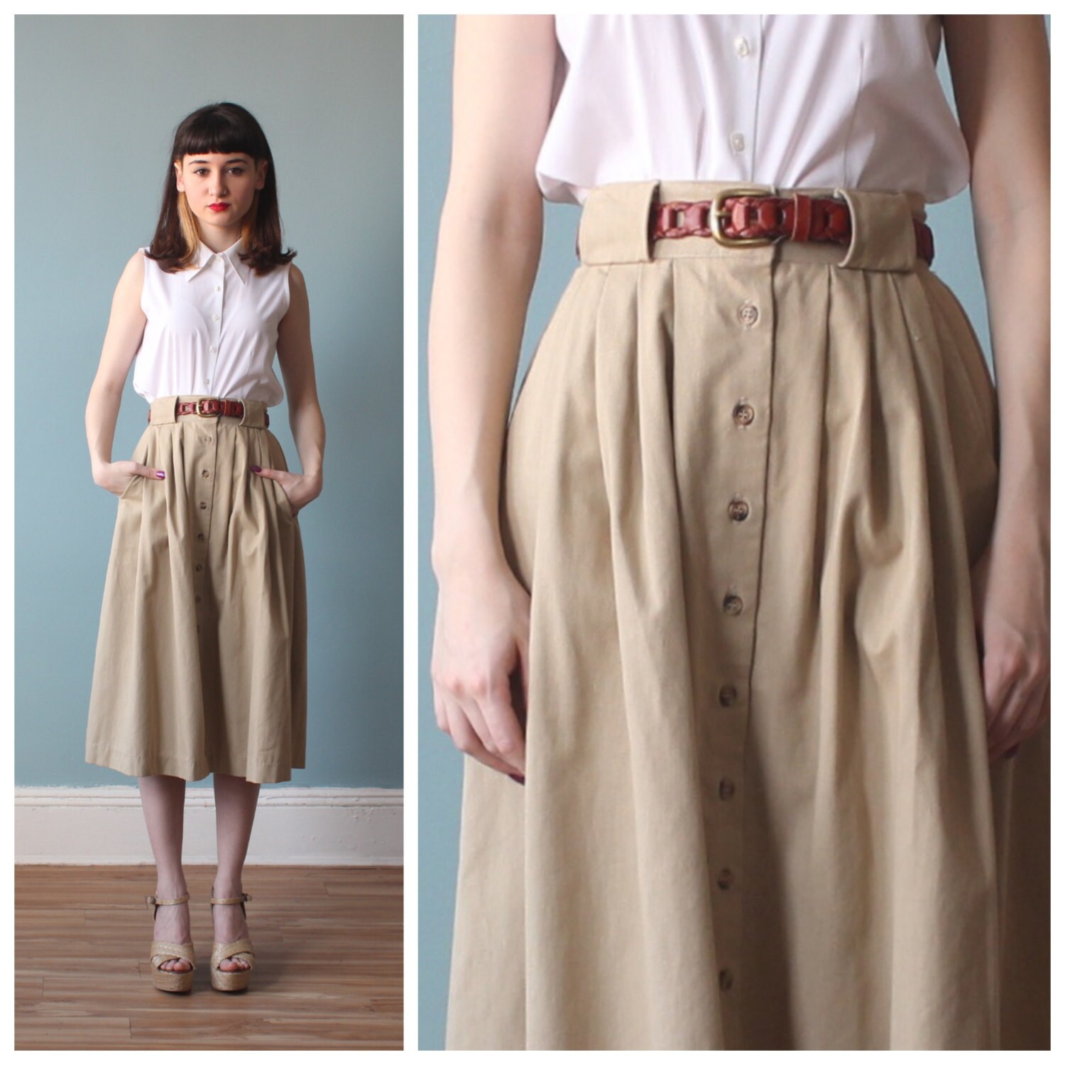 full khaki skirt / below the knee skirt / 1980s by brownbagvintage