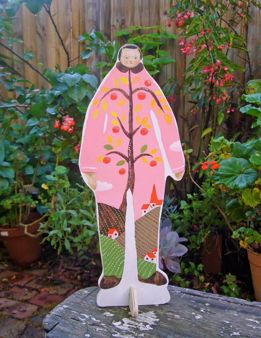 Hand painted wooden sculpture - The Pink Apple Man