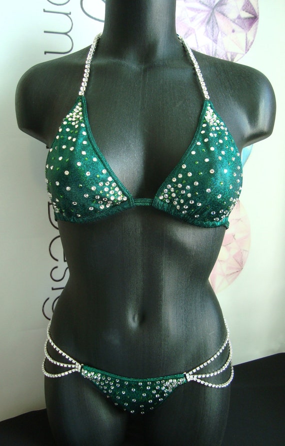 Emerald Green Competition Bikini Posing Suit With Rhinestone