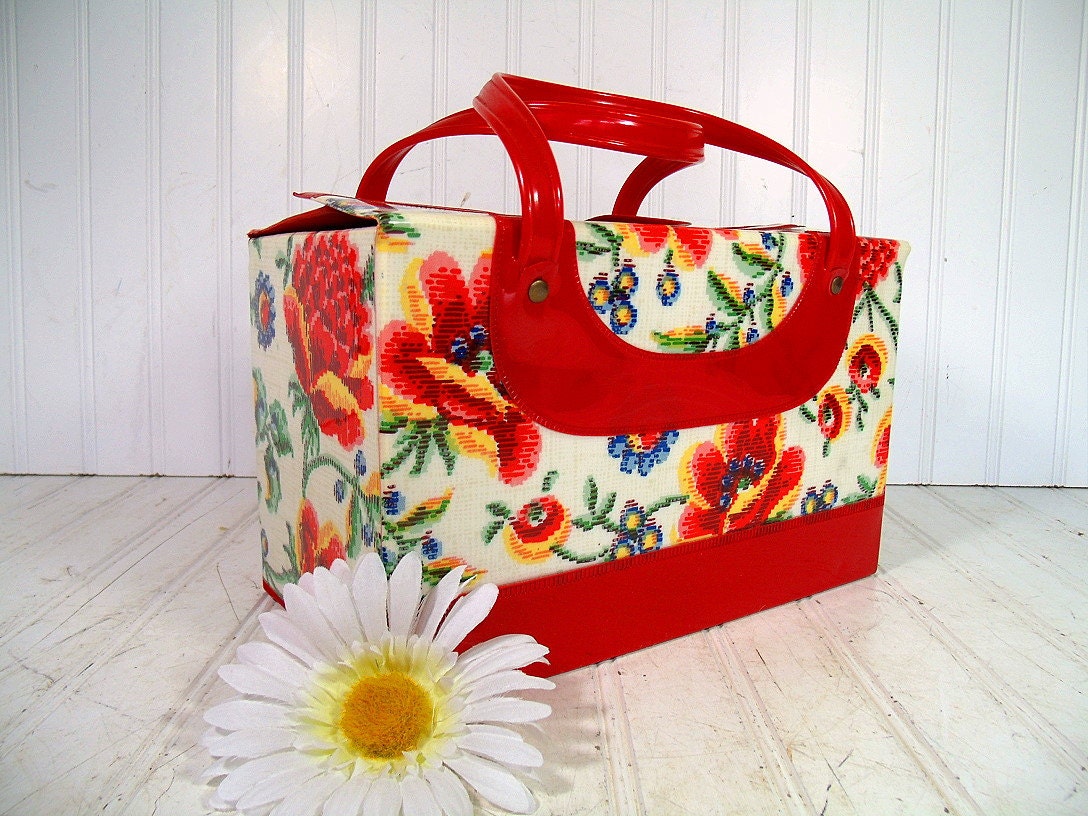 Retro Groovy Floral Red Patent Leather Train Case - BoHo MultiColor Vinyl Travel Tote - Vintage Psychedelic Hippie Carry All - Gorgeous Bag