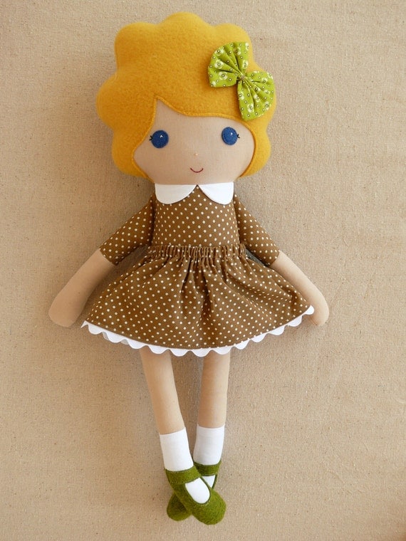 Fabric Doll Rag Doll Blond Haired Girl in Brown and White Polka Dotted Dress