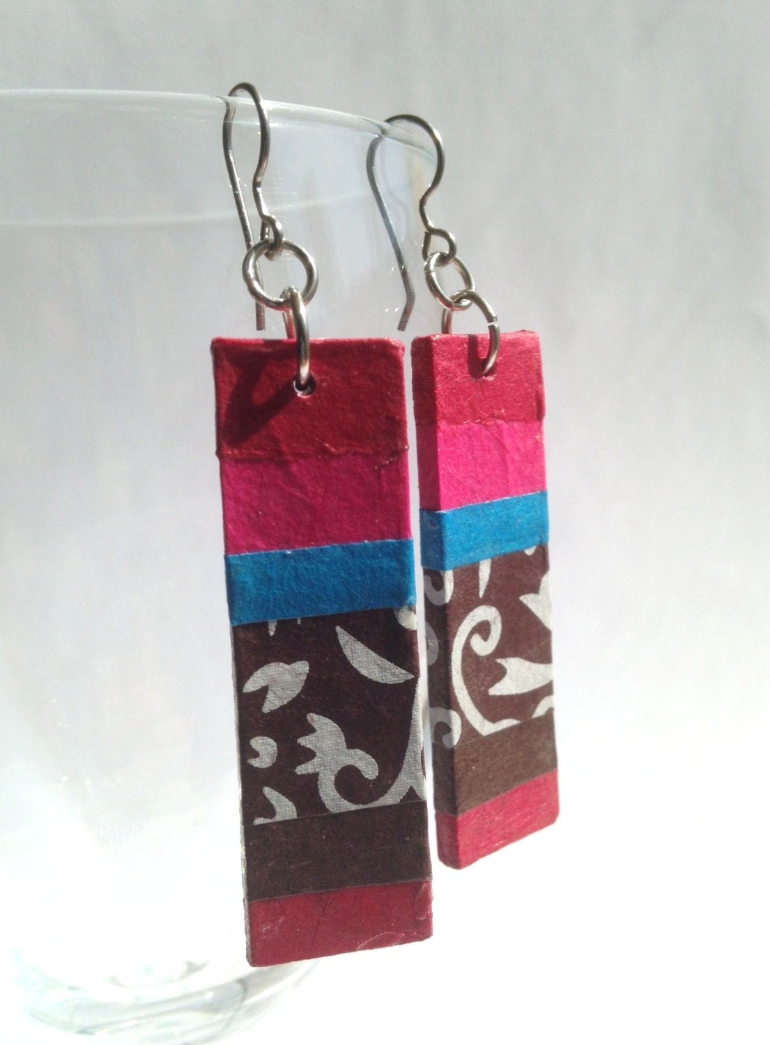 Striped Handmade Hanji Paper Dangle Earrings OOAK Striped Pink Red Brown Flower Hypoallergenic hooks Lightweight - HanjiNaty