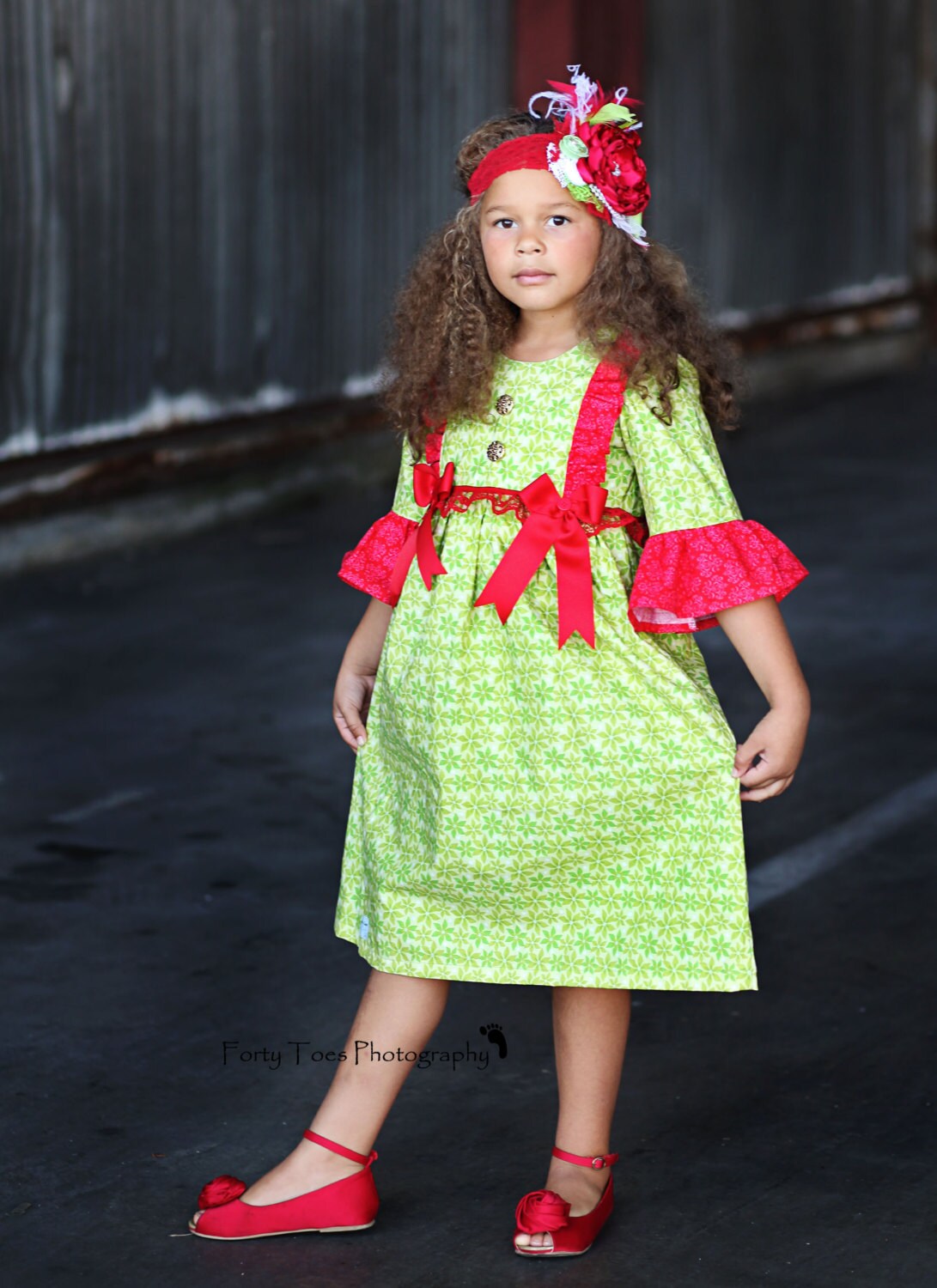 Elegant Twirly Christmas Dress with Bell Sleeves and Ruffles.....Damask and Poinsettas - JustSewStinkinCute