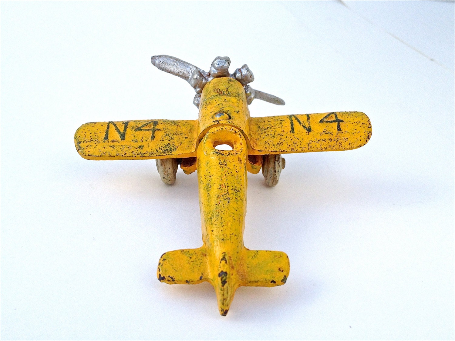 Vintage Cast Iron Yellow Toy Airplane - Propeller Plane - EagleWingVintage