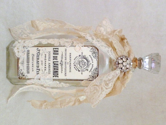 Gorgeous Altered Antique Bottle with French Label and Glass Stopper
