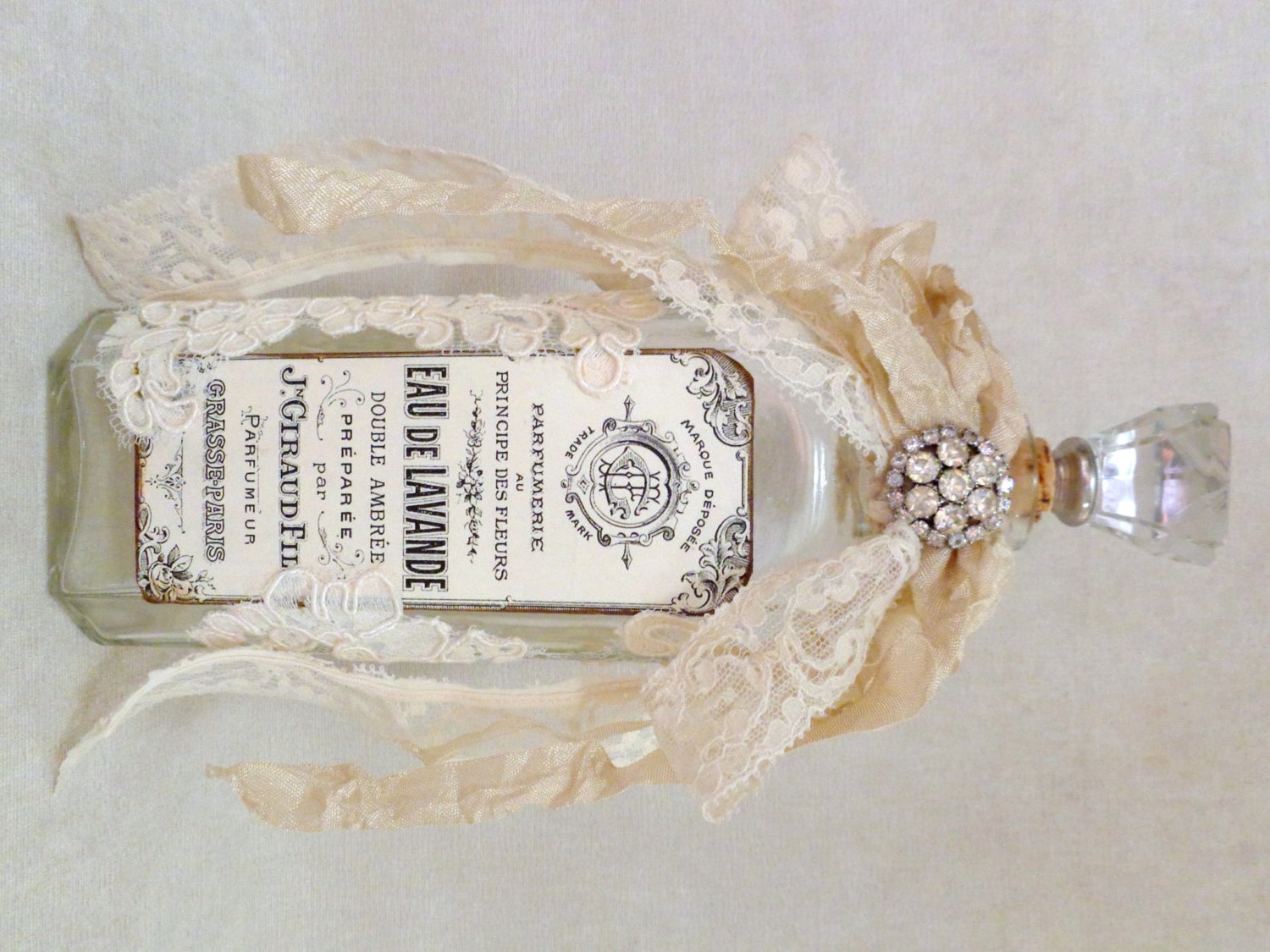 Gorgeous Altered Antique Bottle with French Label and Glass Stopper