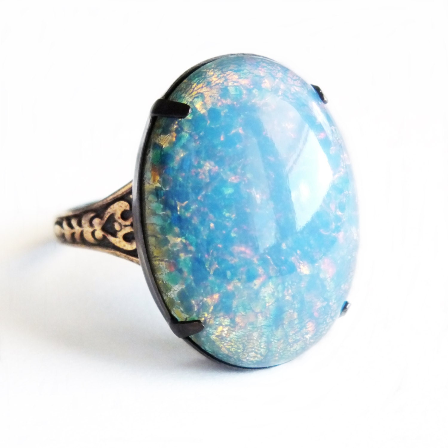 Blue Opal Ring Large Vintage Glass Harlequin Fire Opal by skeptis