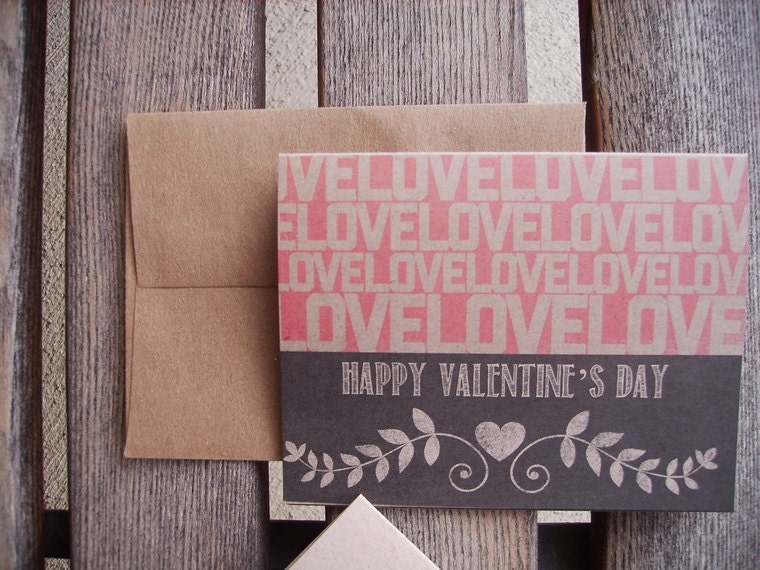 Valentine Card - Chalkboard Style Valentine's Day Card, Love Friendship, Coral Pink Kraft Paper Rustic Hearts Laurel Leaf, Modern Valentine - twin2kim