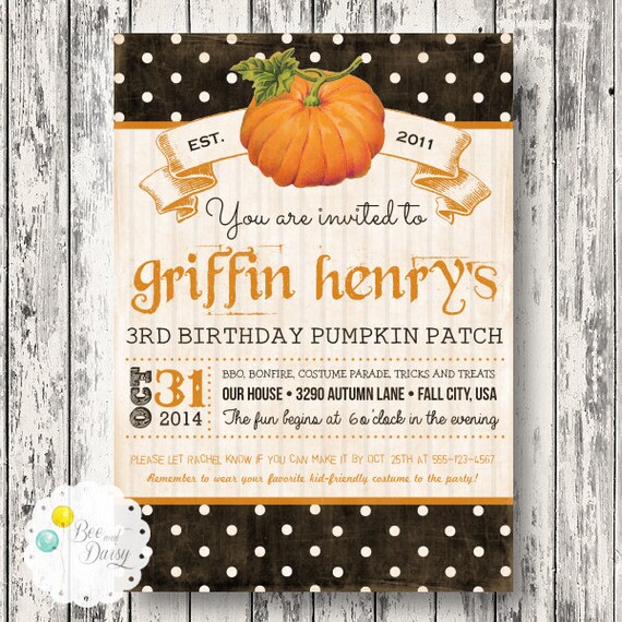 Pumpkin Invitation for Birthday Party or Baby Shower - Vintage Pumpkin Patch Hallween Fall Printable Invite by BeeAndDaisy Il_570xn