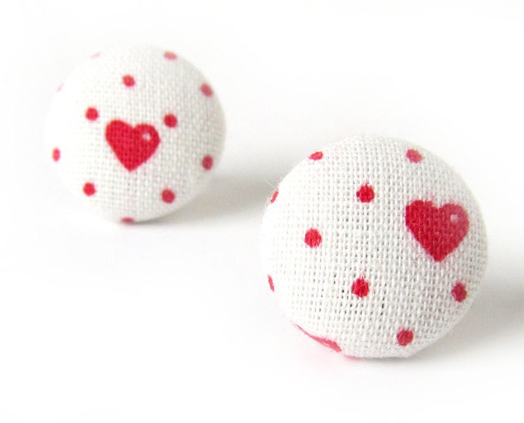 Tiny red heart earrings - white stud earrings - fabric button earrings - post earrings love wedding spring