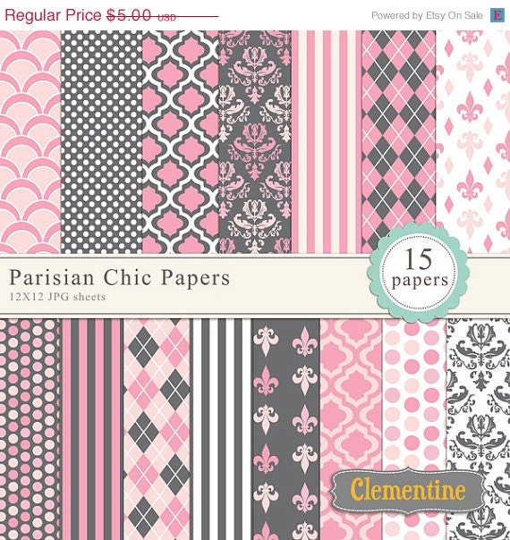 40% OFF SALE Printable Damask Scrapbook Paper 12x12, Polka Dots Scrapbook Paper, Parisian Chic Digital Paper - Instant Download Il_570xn