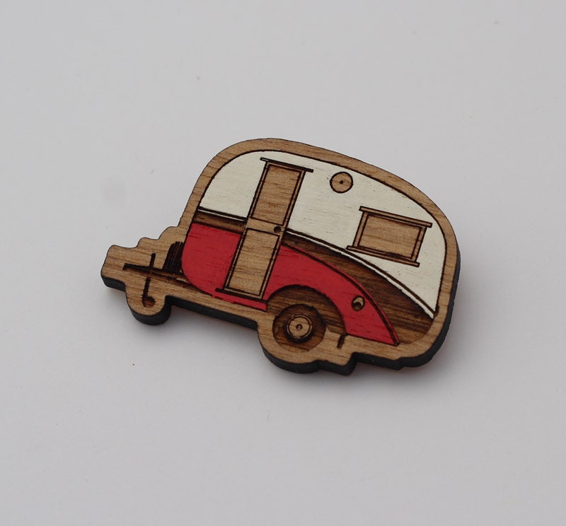 Laser cut wood brooch, Cosy, cute vintage caravan, red and white handpainted