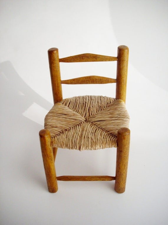 Vintage Doll Chair Natural Wood Woven Rush Seat by NanNasThings