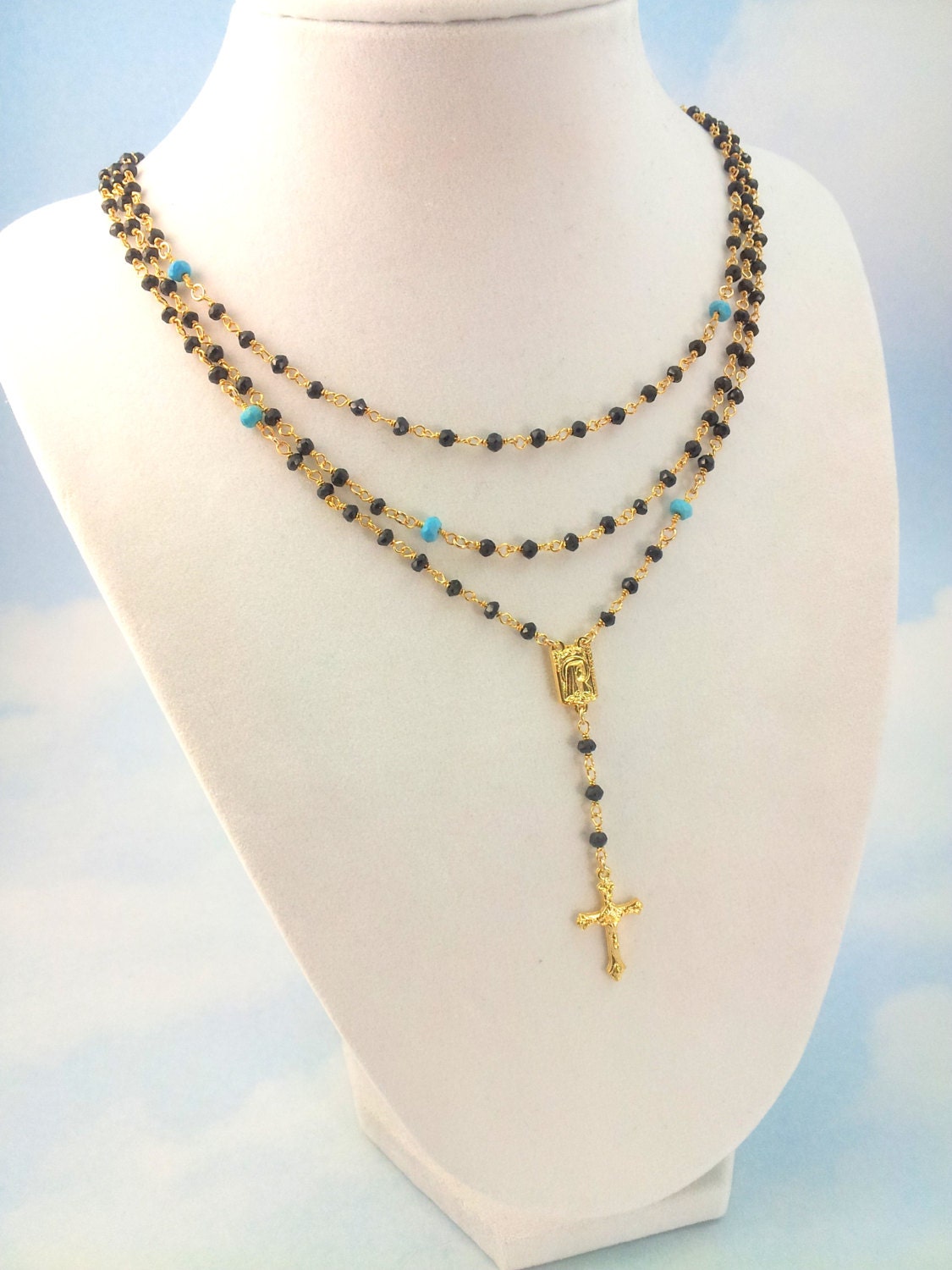 Black Spinel Rosary Necklace Womens Girls by divinitycollection