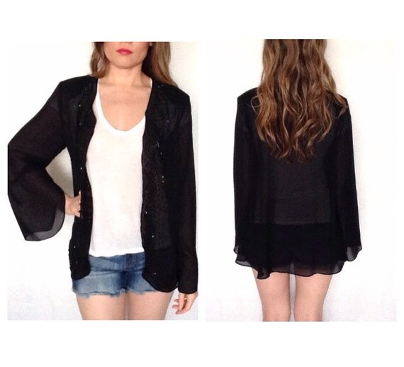 Vintage black sheer evening jacket romantic boho bell sleeves with