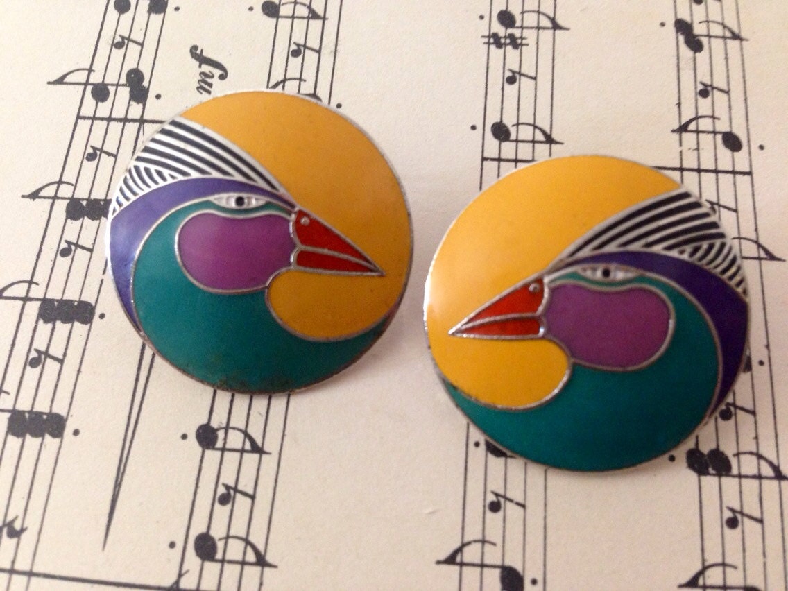 80s Vintage Laurel Burch Harlequin Bird Pierced Earrings