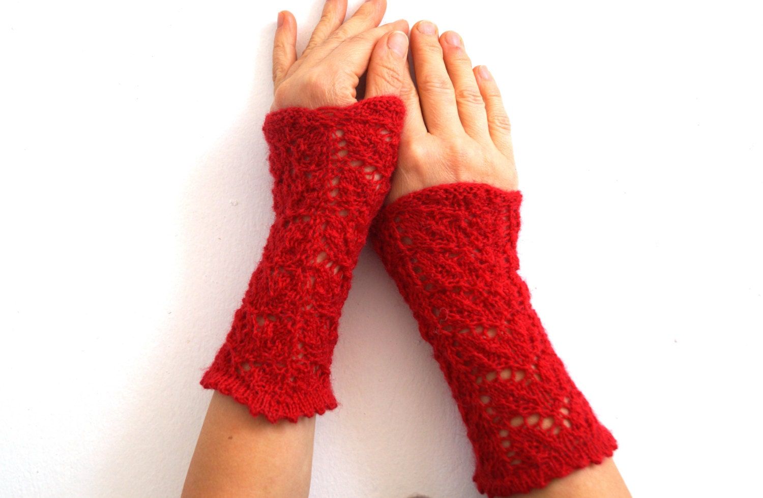 Red Fingerless Gloves, Gauzy Lace Mittens, Handwarmers, Knit Wool - JoannasKnitCorner