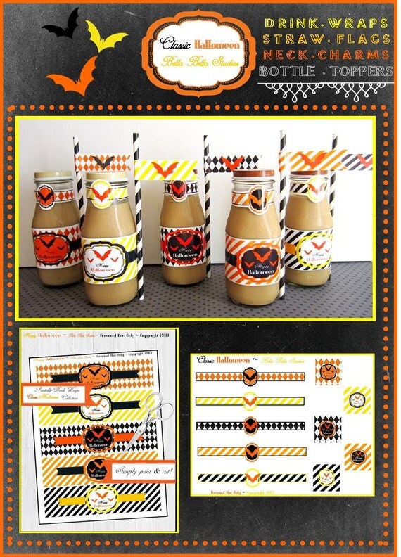 Classic Halloween Drink Wraps - Bottle Labels, Straw Flags, Bottle Charms, Bottle Toppers Collection - PRINTABLE INSTANT DOWNLOAD Il_570xn