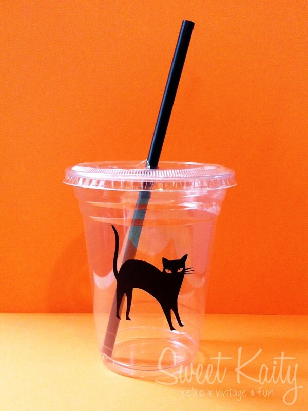 24 Halloween Cat Disposable Party Cups, Lids and Plastic Straws - 12 oz or 16 oz - Halloween Party Il_570xn