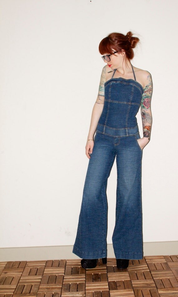 Denim Bell Bottom Halter Top Romper Wide Leg by NoteworthyGarments