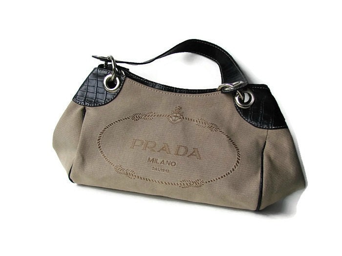 Prada logo canvas tote bag. Khaki canvas black trim small hand bag - OnceLostBoutique