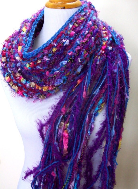 Ribbon Hand Knit Scarf Imported Yarns Vibrant Blue Pink by Fanchi