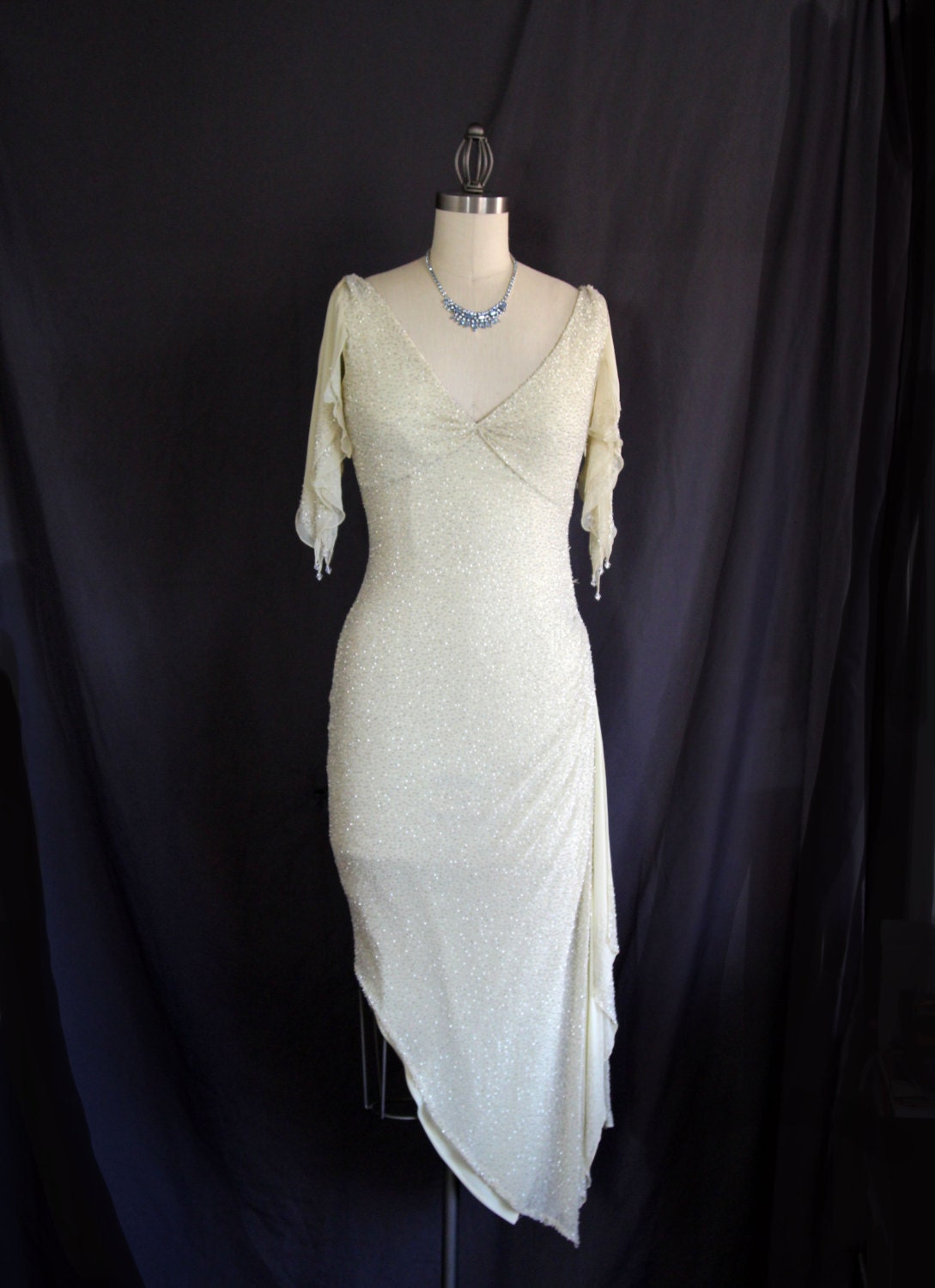 Asymmetrical Ice Queen Silver and Pearl Glass Beaded Evening Dress in Ivory White // Vintage - TheCheshireBox