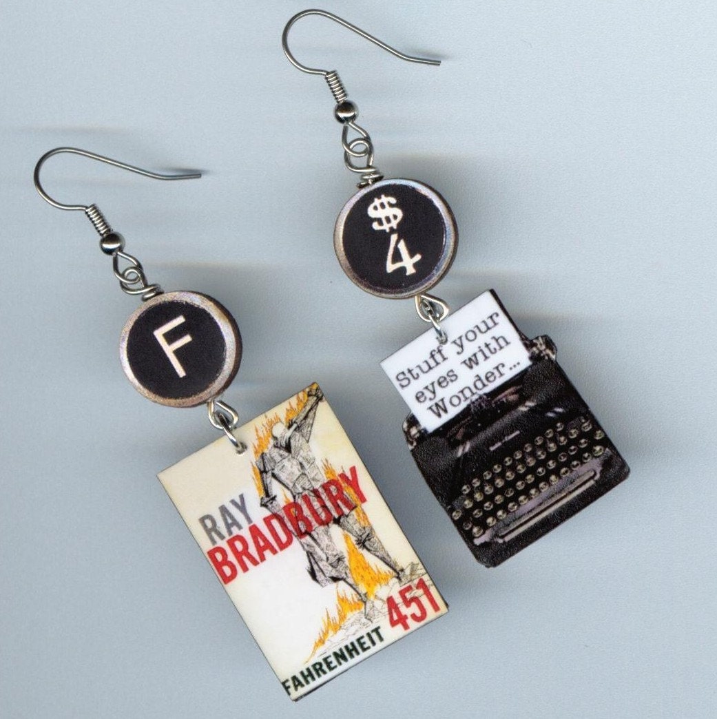 Fahrenheit 451 Book Earrings Vintage Typewriter Key Ray Bradbury