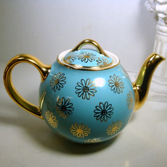 Vintage HALL French Daisies Teapot Gold and by VintageStarrBeads