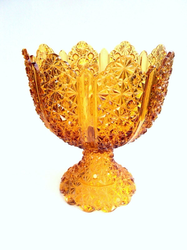 Vintage George Duncan & Son, EAPG,Amber Glass,Ellrose, Daisy and Button pattern, paneled,Pedestal Large Compote, cr. 1880s.widgetsandwhatsus