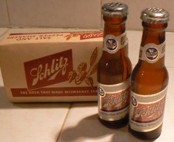 1950s Schlitz Glass Beer Bottle Salt and Pepper by KrauseHaus