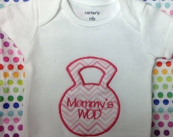 Crossfit Baby Newborn Onesie Kettlebell Appliqué Mommy's WOD Pink Chevron