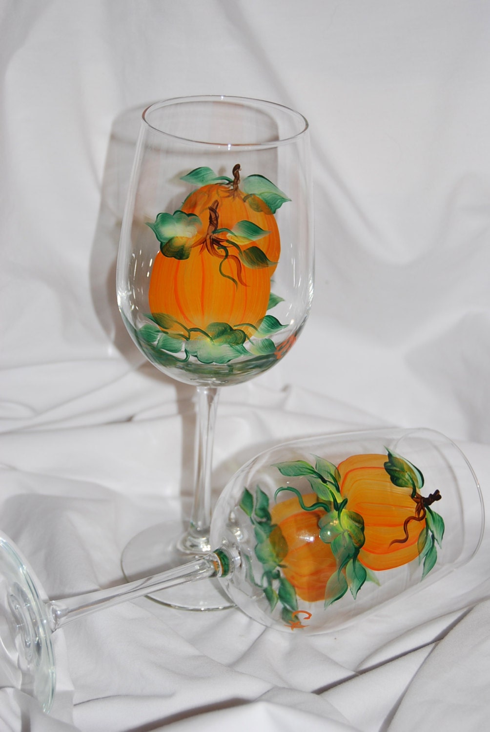Pumpkin Wine Glasses hand painted set of 2 by glasschris on Etsy