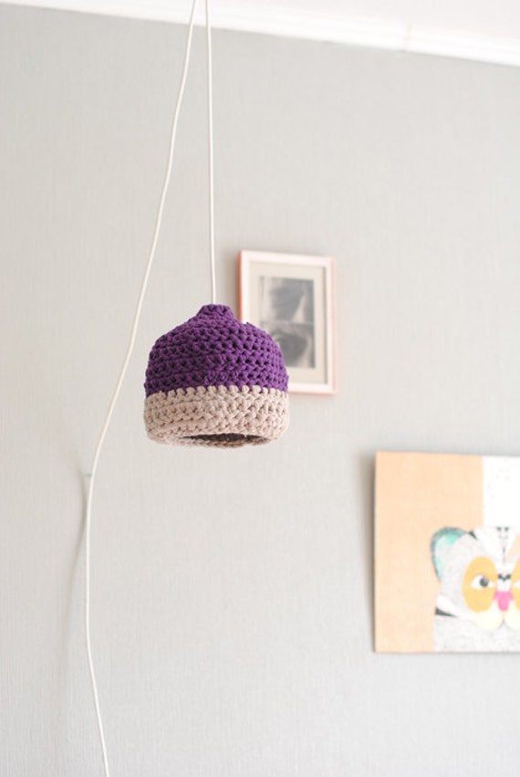 Pendant lamp in dark violet/ light gray . Eco design. Hand crocheted