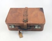Vintage Full Leather Suitcase with Strap and Buckle- Measures 17.5 X 12.5 X 6 inches - Unknown Maker Antique Travel Luggage - DrStrangeGoods