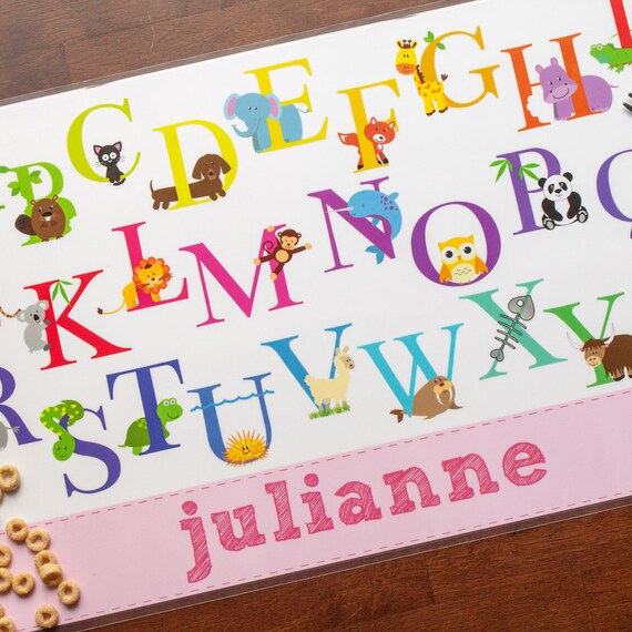 Personalized Childrens Placemat - Animal Alphabet Girl - laminated, double-sided Il_570xn
