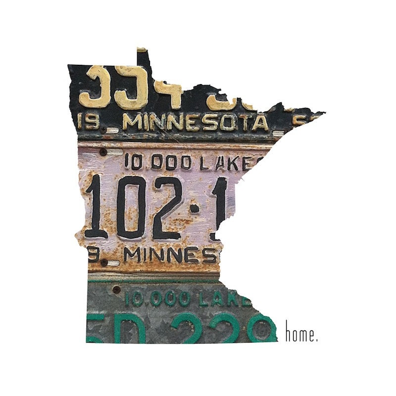 Minnesota Home | Land of 10,000 Lakes | State Outline | Vintage License Plate Photograph | Home Decor | Dorm Decor | Roots | Affordable Art - TheTinOwl