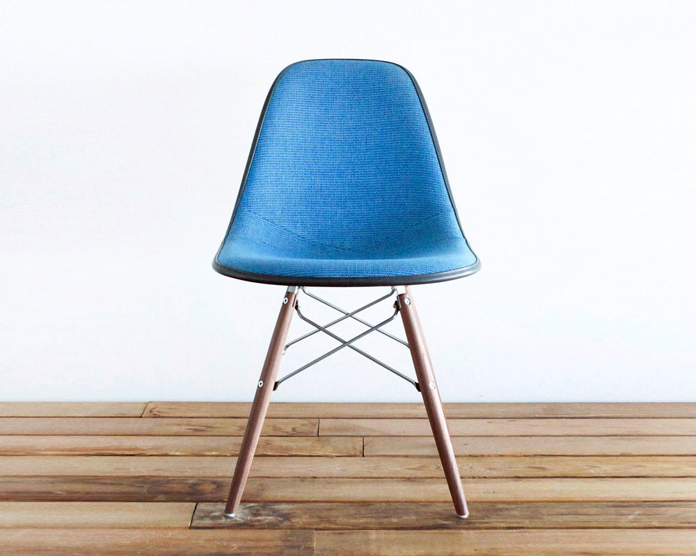 Classic Eames DSW - RARE - Marine Blue Pin-Check Tweed Hopsack on Walnut Dowel Base Side Chair - castandcrew