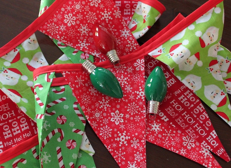 CHRISTMAS SANTA holiday fabric flag garland, lime green candy cane mantle flag pennant bunting banner - 9 feet Il_570xn