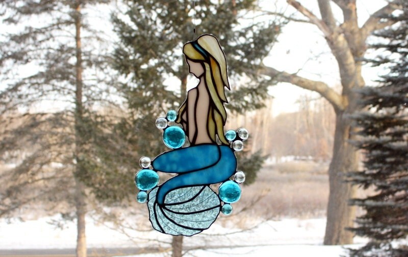 Stained Glass Mermaid Freeform Panel Aqua Turquoise by BerlinGlass