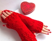 Fingerless Mittens. Knit Fingerless Gloves. Knitted Wrist Warmers. Long Red Gloves with Hearts. Gift with Love. Valentine's Day. - MallinaDesign