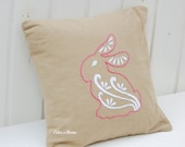 Beige linen cotton pillow case with hand embroidered bunny in pink and white, linen decorative pillow - OdorsHome