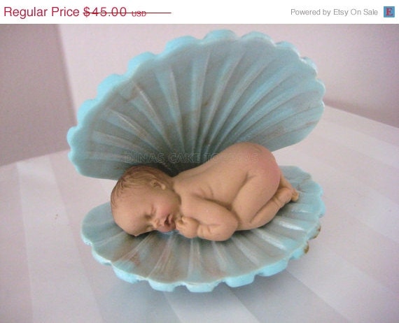 HOLIDAY SALE CLAM Pearl Baby Cake Topper Sea Baby Shower Blue pearl