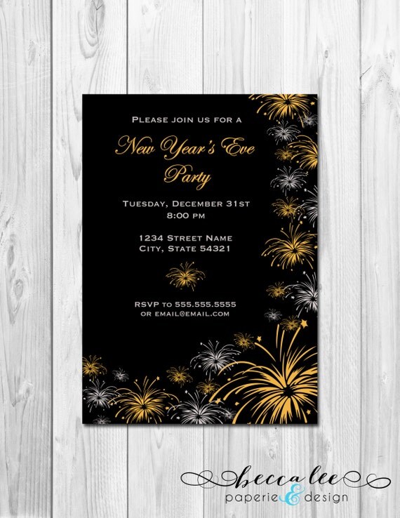 New Years Party Invitation - Black Silver and Gold Fireworks - DIY - Printable Il_570xn