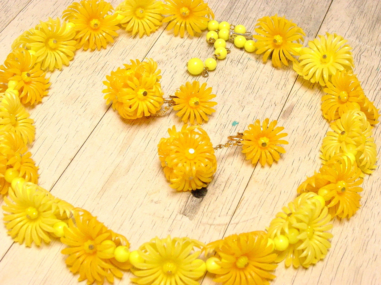 Hong Kong Soft Plastic Yellow Flower Earring and Necklace Set (vintage retro 50s 60s floral bright daisy wedding bridal summer clip choker) - SomeLittleStars