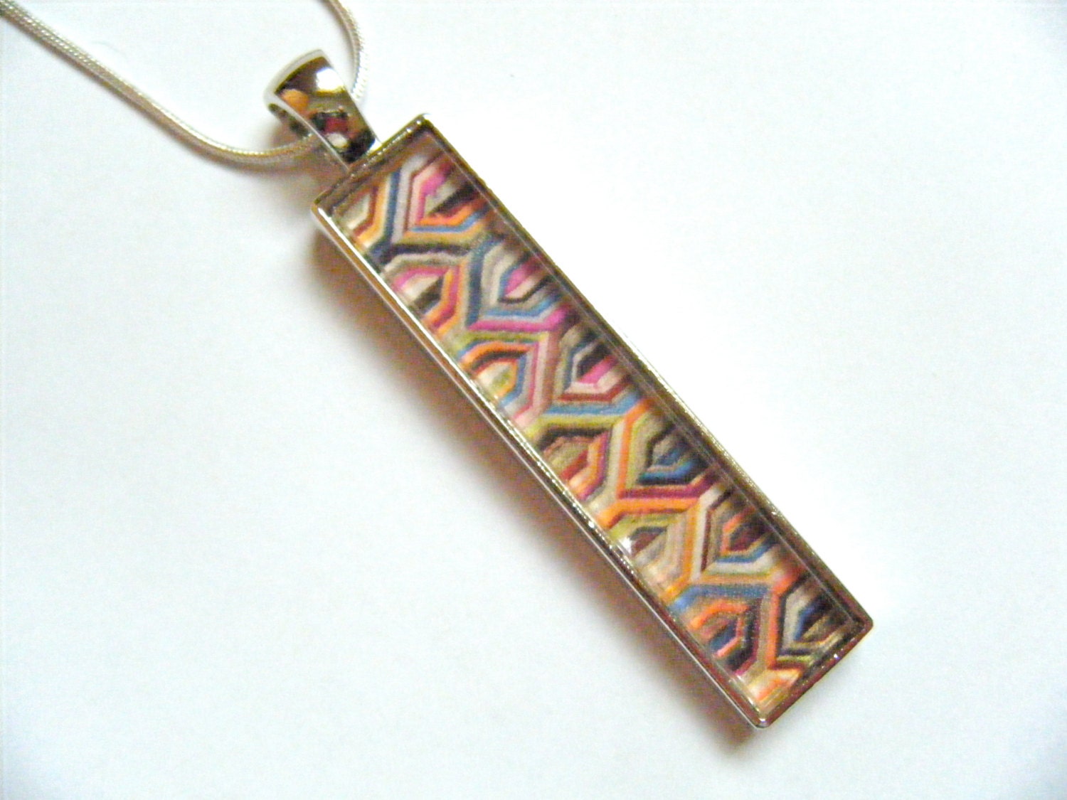 OOAK Colorful Chevron Glass Tile Necklace Pendant Modern Wearable Art Rectangle Metal Tray Recycled Repurposed Upcycled Magazine Jewelry - HeidiKindFinds