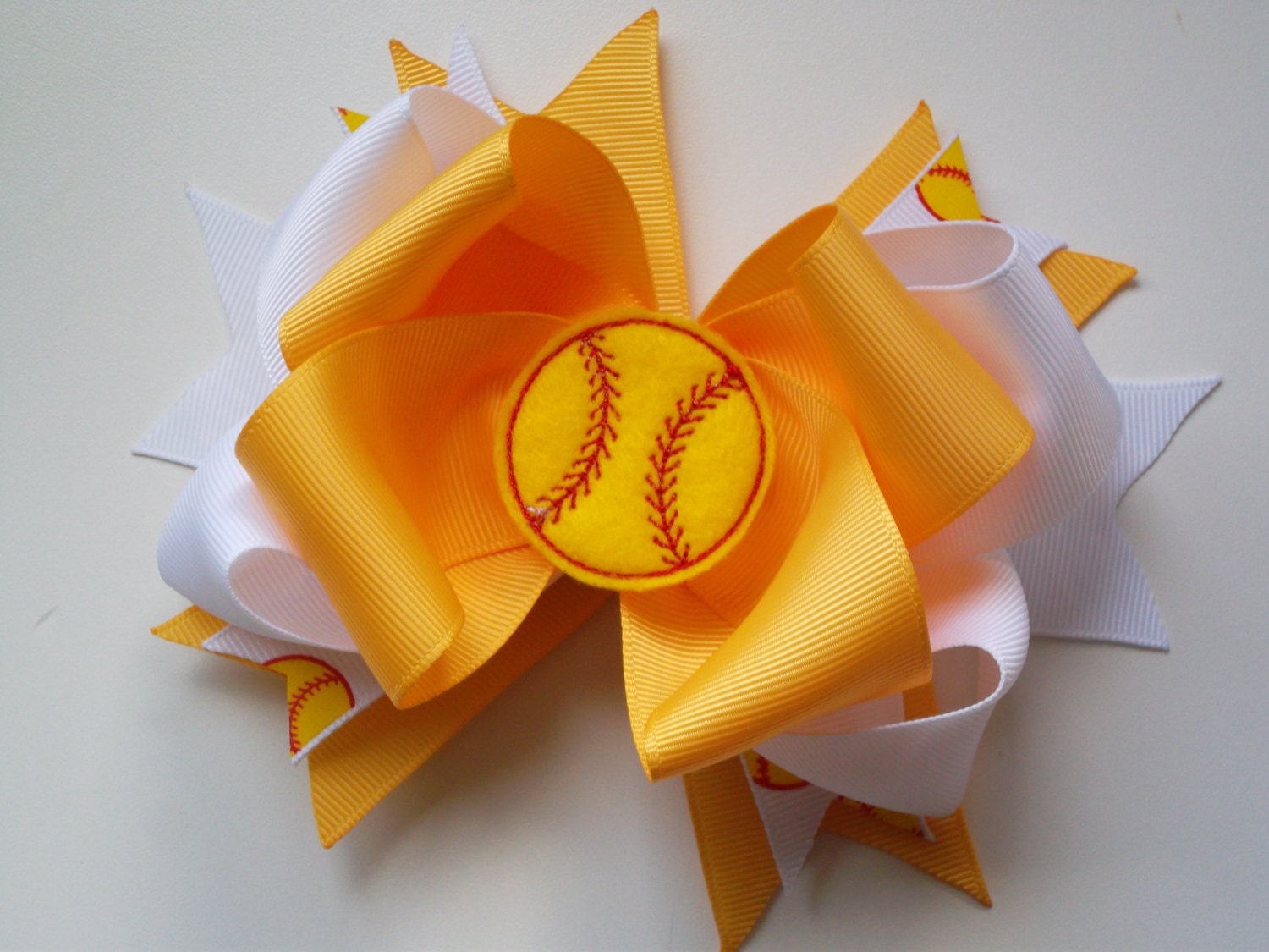 Red Orange Yellow or Blue Softball Hair Bow with Felt Softball Center - ransomletterhandmade
