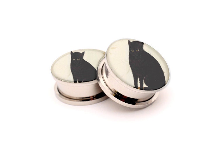 Black Cats screw on Plugs Ear gauges in size by MonogramPendant