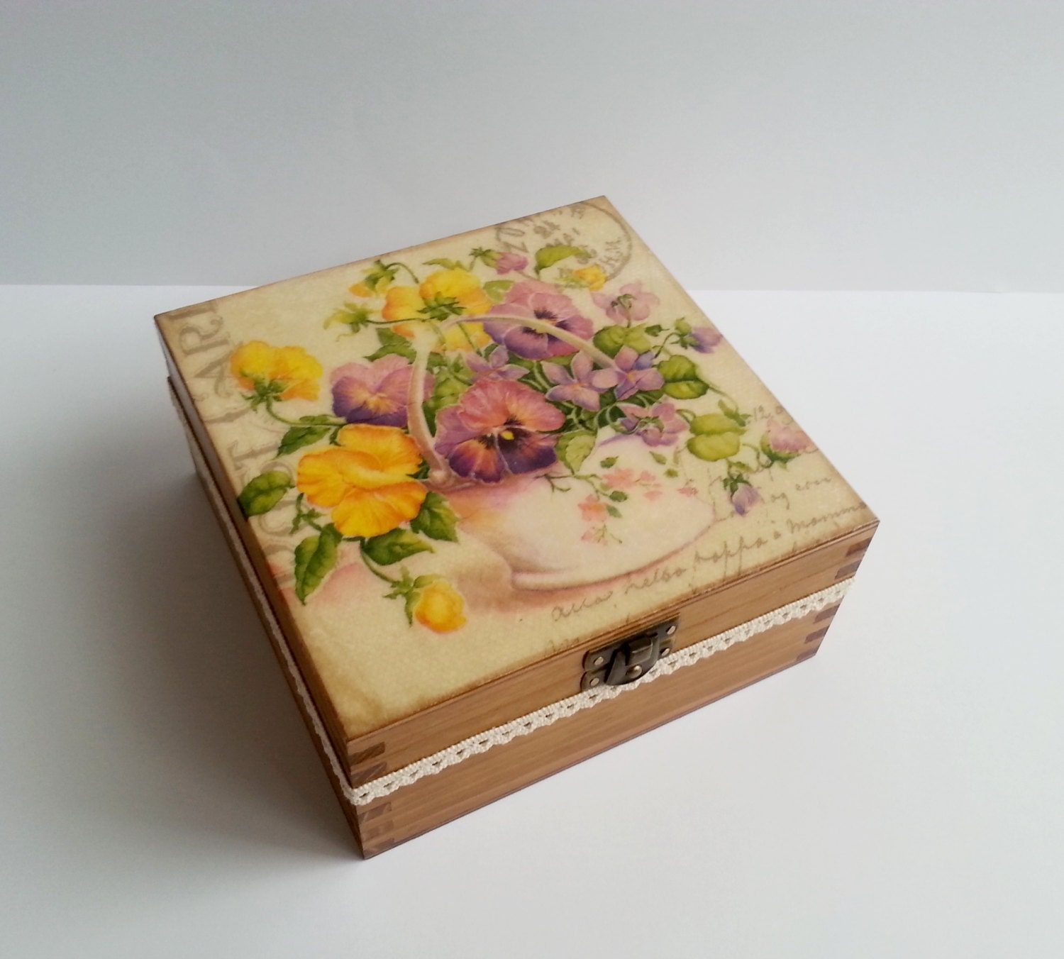 Decoupage wooden tea box with pansies cotton lace butterfly gift idea patinated antiqued box romantic style - MKedraDecoupage